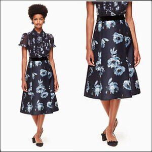 Kate Spade ♠️ Night Rose Mikado Floral A-Line Midi Skirt, Rich Navy Blue, Sz 14